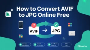 Blog post header showing how to convert AVIF images to JPG format online for free. Visual transformation from an AVIF file icon to a JPG file icon, with device compatibility indicators for iPhone, Android, Windows and Mac. Highlights universal compatibility, instant conversion, no software requirement, and free service.