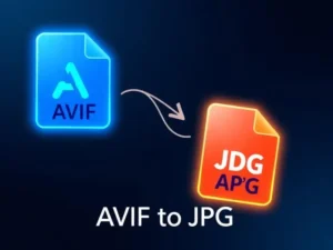 AVIF to JPG conversion illustration showing a blue AVIF file transforming into an orange JPG file with a connecting arrow, representing the image format conversion process.