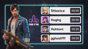 Free Fire character alongside stylish name examples with 20/20 character counters, displayed in dark gaming aesthetic with cyan accents