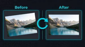 Image rotation tool interface showing photo with rotation controls and preview in dark cyan-themed browser