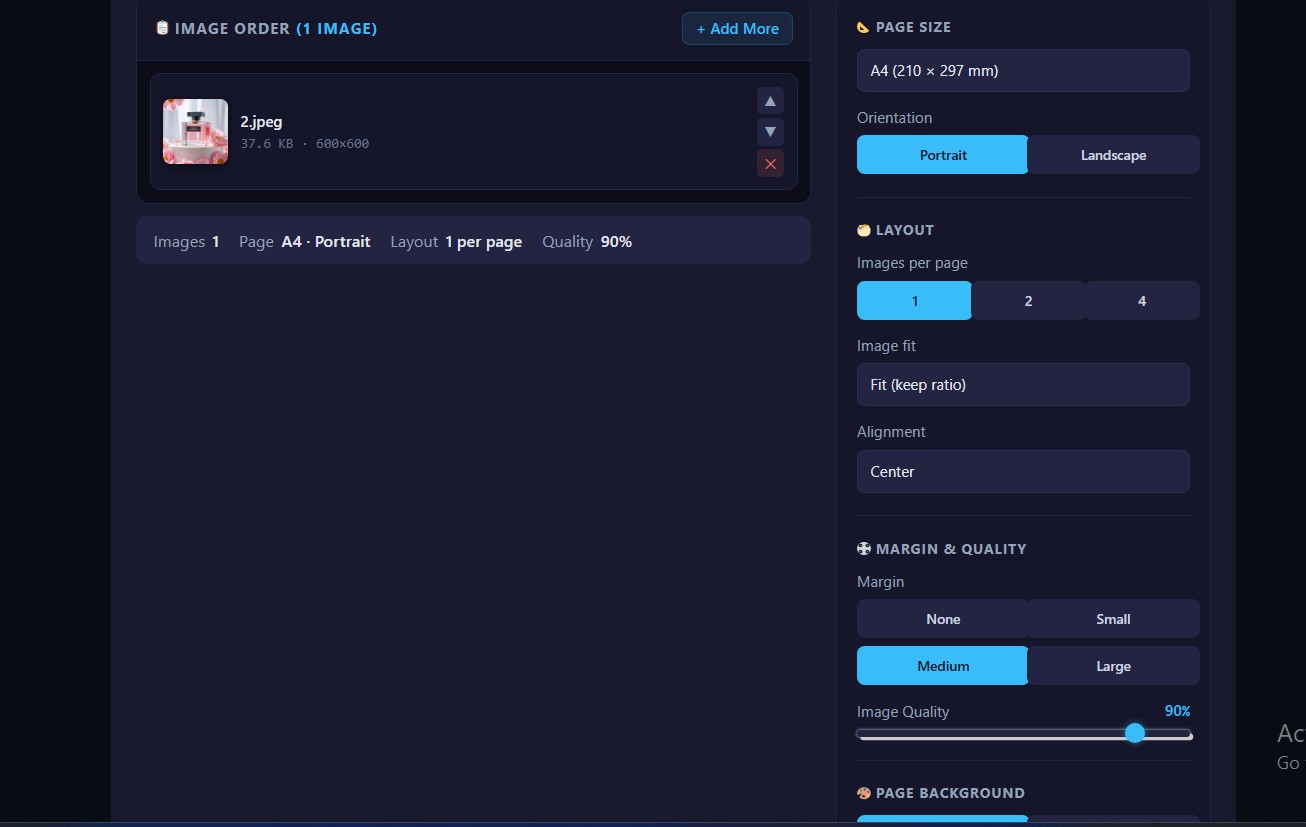 Image to PDF converter tool showing upload screen