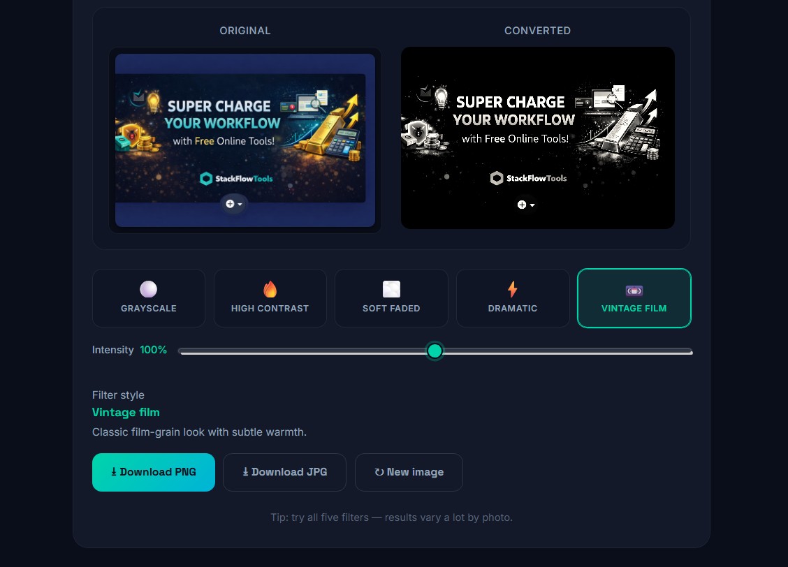 Black and white converter tool interface showing Grayscale, High Contrast, Soft Faded, Dramatic, and Vintage Film filters