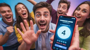 Friends playing charades at home using a smartphone charades generator app with timer and team scoring