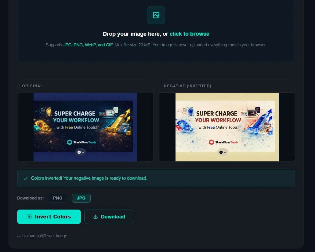 Negative image converter tool interface showing upload button, side by side preview of original and inverted image, and download options.