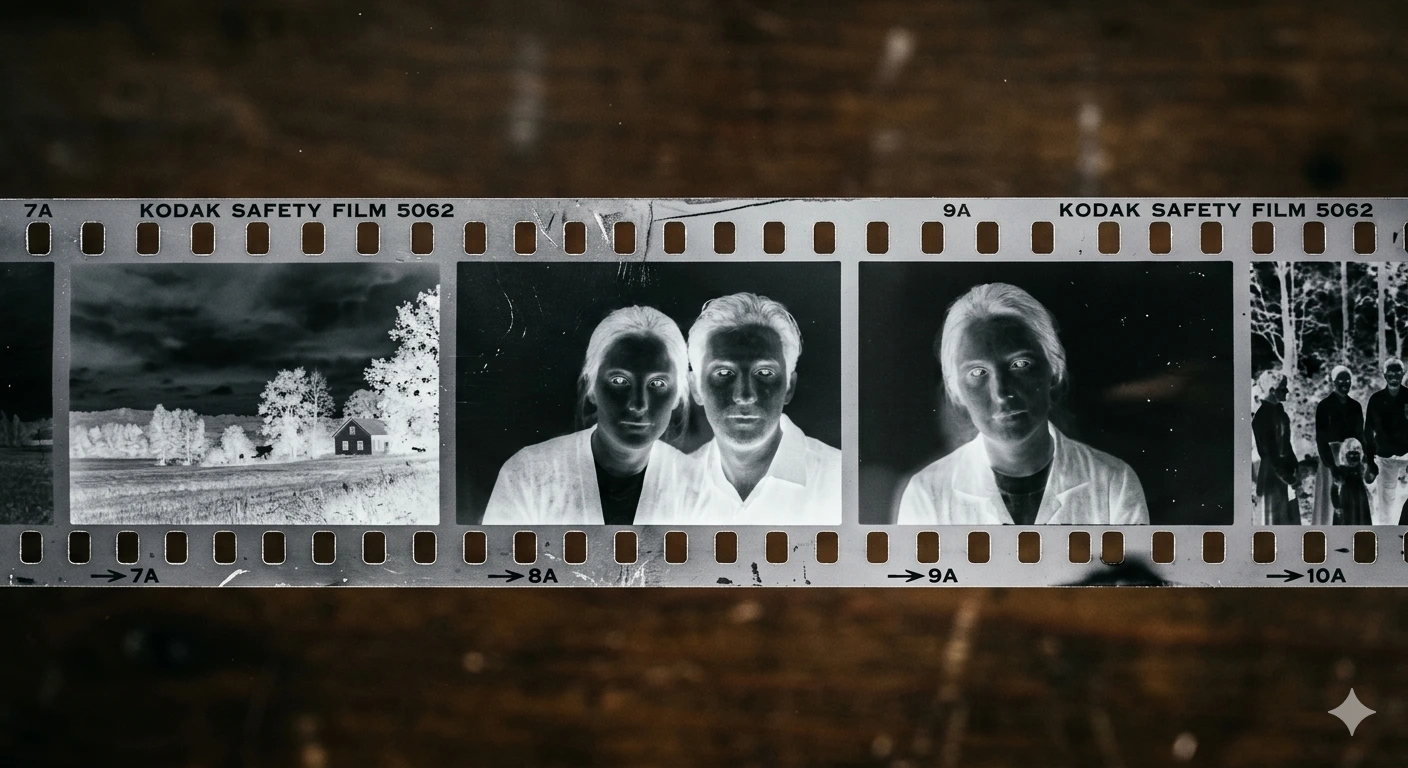 Black and white film negative strip showing inverted colors. Dark sky, light trees, ghostly faces with dark eyes and light skin. Sprocket holes visible on edges.