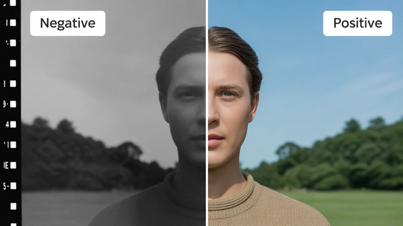 Side by side comparison showing a negative image on the left and its positive converted version on the right. Left side has inverted colors. Right side has normal colors.